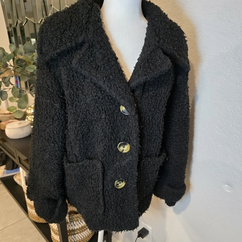 Free People Women’s Soft Faux Teddy Shearling Peacoat Coat In Black S